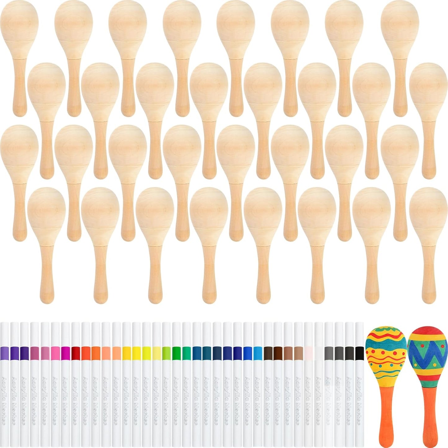 NEBURORA 12Pcs DIY Mini Unfinished Wooden Maracas with 12Pcs Multicolor Pens Fiesta Mexican Maracas Favors Cinco De Mayo Party Supplies Decorations