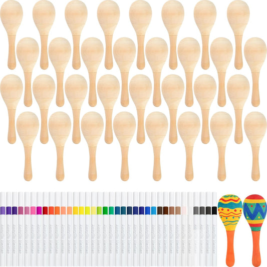 NEBURORA 12Pcs DIY Mini Unfinished Wooden Maracas with 12Pcs Multicolor Pens Fiesta Mexican Maracas Favors Cinco De Mayo Party Supplies Decorations