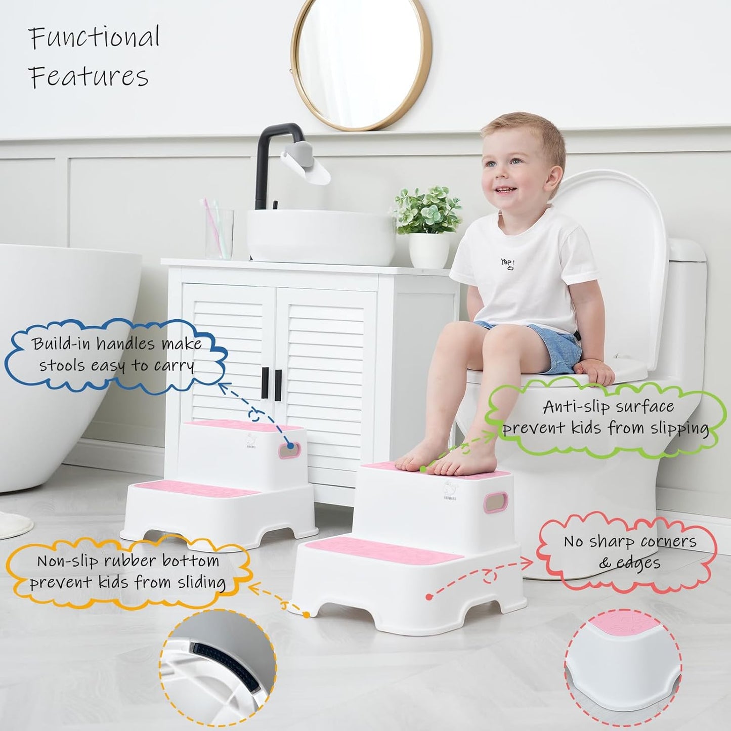 Two Step Stools for Toddlers Girls, Small Kids Step Stool for Bathroom Sink, No Slip Toddler Step Stool for Little Grils Room Princess Bedroom Closet Potty Training (2 Pack, White-Pink)