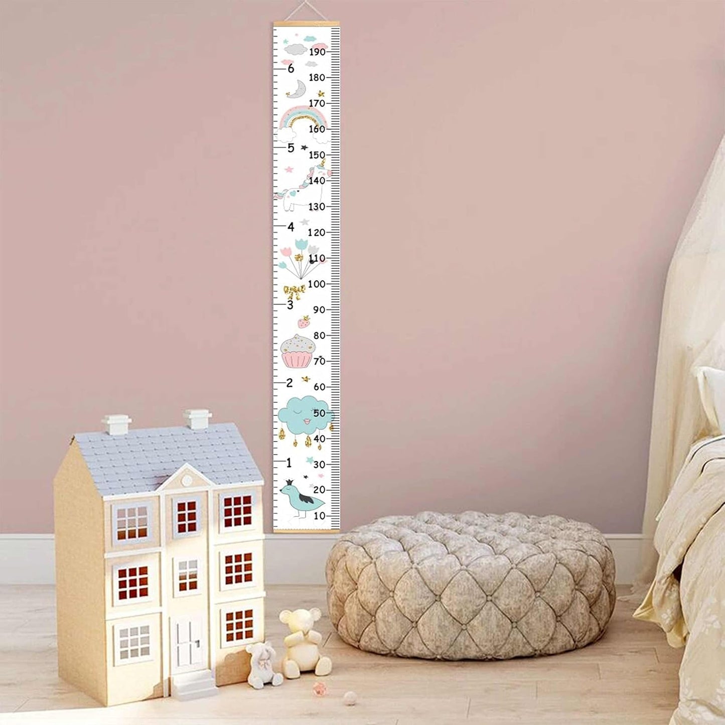 Kids Growth Chart, Wood Frame Fabric Canvas Height Measurement Ruler from Baby to Adult for Child's Room Decoration 7.9 x 79in (7.9 x 79in, Rainbow)
