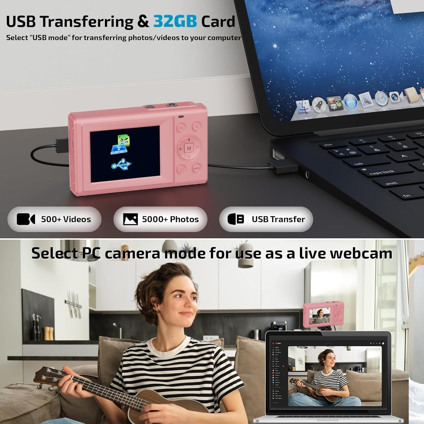 Upgrade Digital Camera, FHD 4K 44MP Autofocus Digital Point and Shoot Video Camera with 16X Zoom, 32GB SD Card, Compact Digital Camera Cheap for Teens Boys Girls Kids Pink Camera