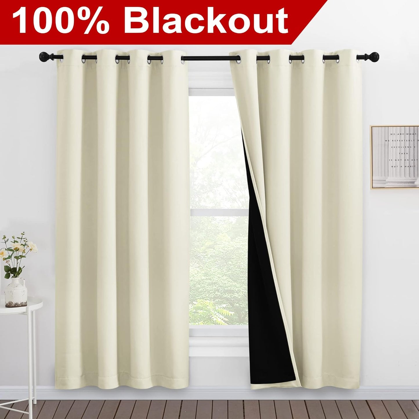 NICETOWN Living Room Completely Shaded Draperies, Privacy Protection & Noise Reducing Ring Top Drapes, Black Lined Insulated Window Treatment Curtain Panels (Beige, 2 Pieces, W55 x L78)