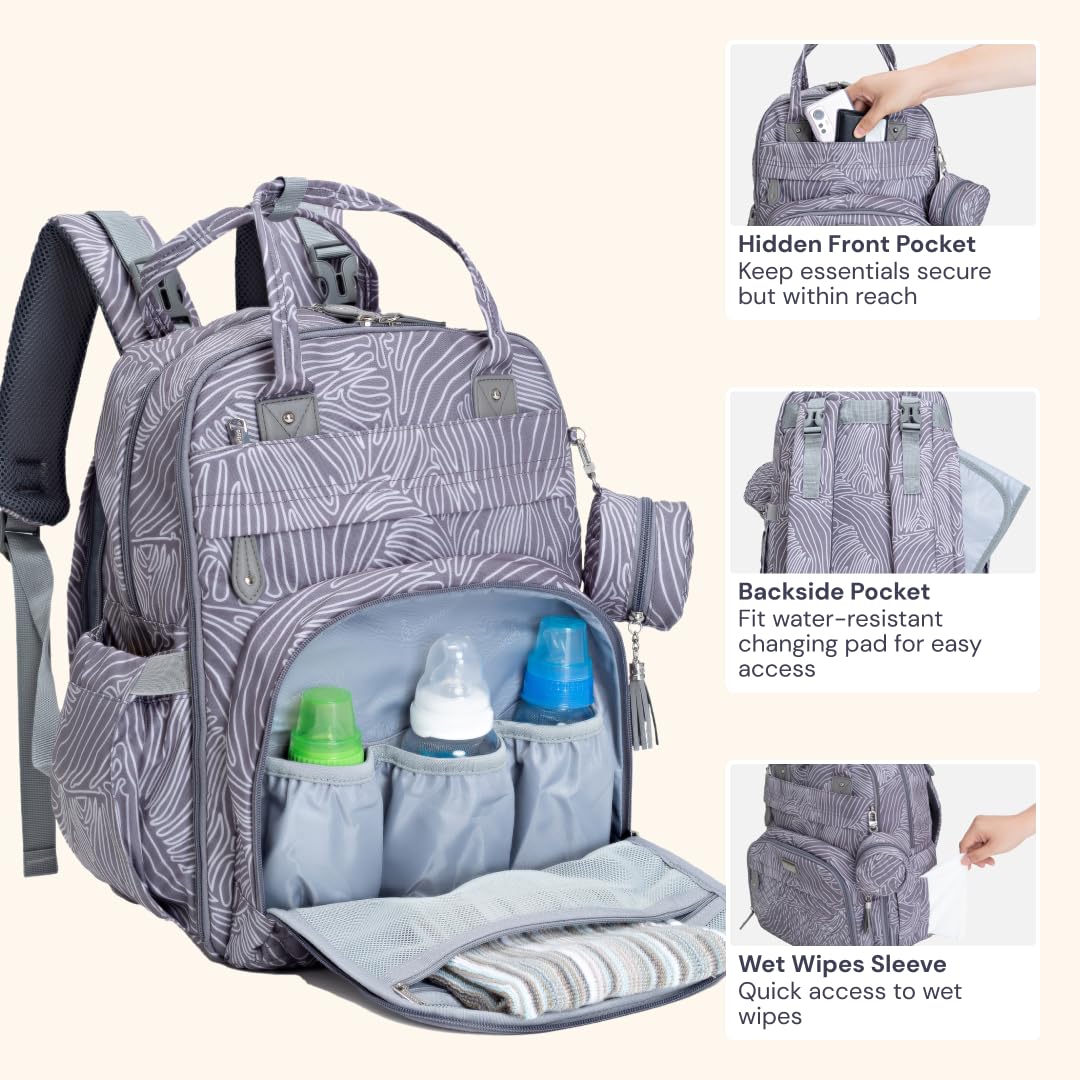 BabbleRoo Diaper Bag Backpack - Baby Essentials, Travel Essentials Baby Bag with Changing Pad, Stroller Straps & Pacifier Case - Unisex, Gray Swirls
