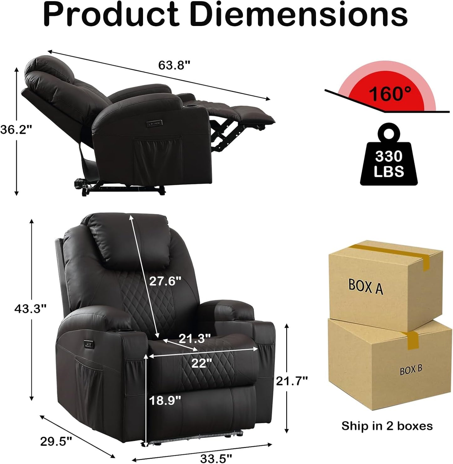 Power Recliner Chair with Heat and Massage for Adults - Home Theater Seating with LED Lights,Cup Holders,Side Pocket,USB Port - Recliner Sofa for Living Room(Brown, Single Recliner)