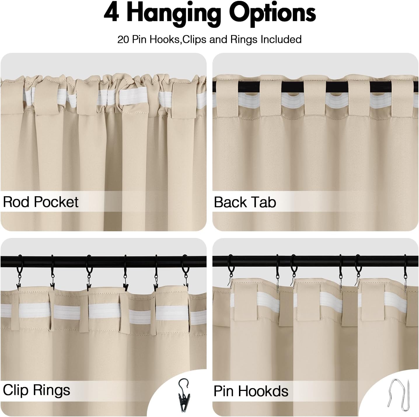 ANRODUO Back Tab Blackout Curtains for Bedroom Living Room, Rod Pocket Pinch Pleated Thermal Insulated Room Darkening Curtains 72 Inches Long 2 Panels, Cream Beige, 42 x 72 Inch