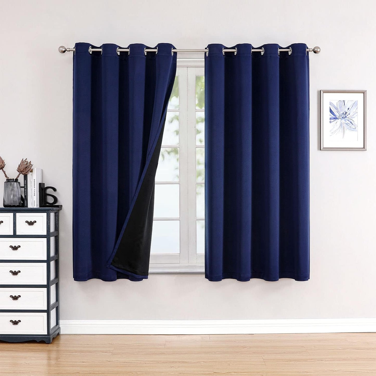 ChrisDowa 100% Blackout Curtains for Bedroom with Black Liner, 2 Thick Layers Total Blackout Thermal Insulated Grommet Window Curtains 2 Panels Set (Navy Blue, 52 x 45 Inch)