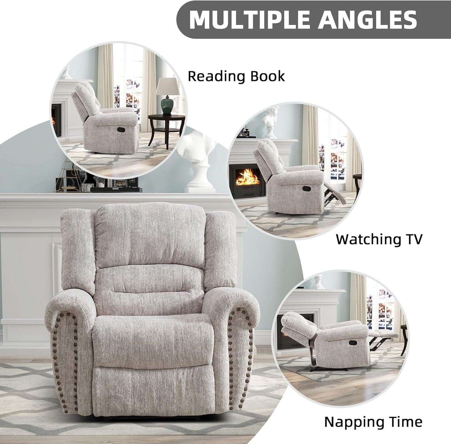 CANMOV Manual Recliner Chair, Classic and Traditional Manual Recliner Chair with Comfortable Arms and Back Single Sofa for Living Room, White Grey
