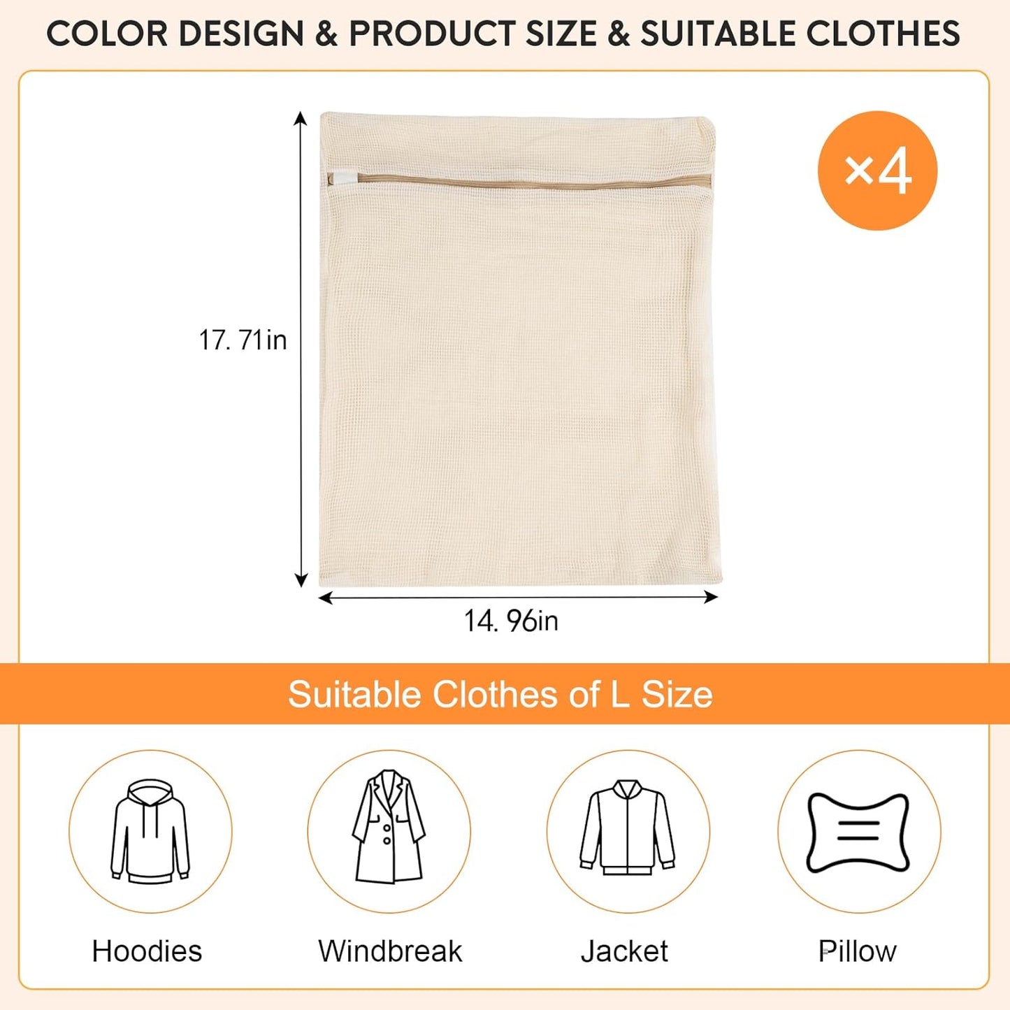 4-Piece Large Durable Organic Cotton Mesh Laundry Bags with Sturdy Zippers and Breathable Mesh are Delicate Laundry Bags for Underwear, Clothes, Pants and Socks