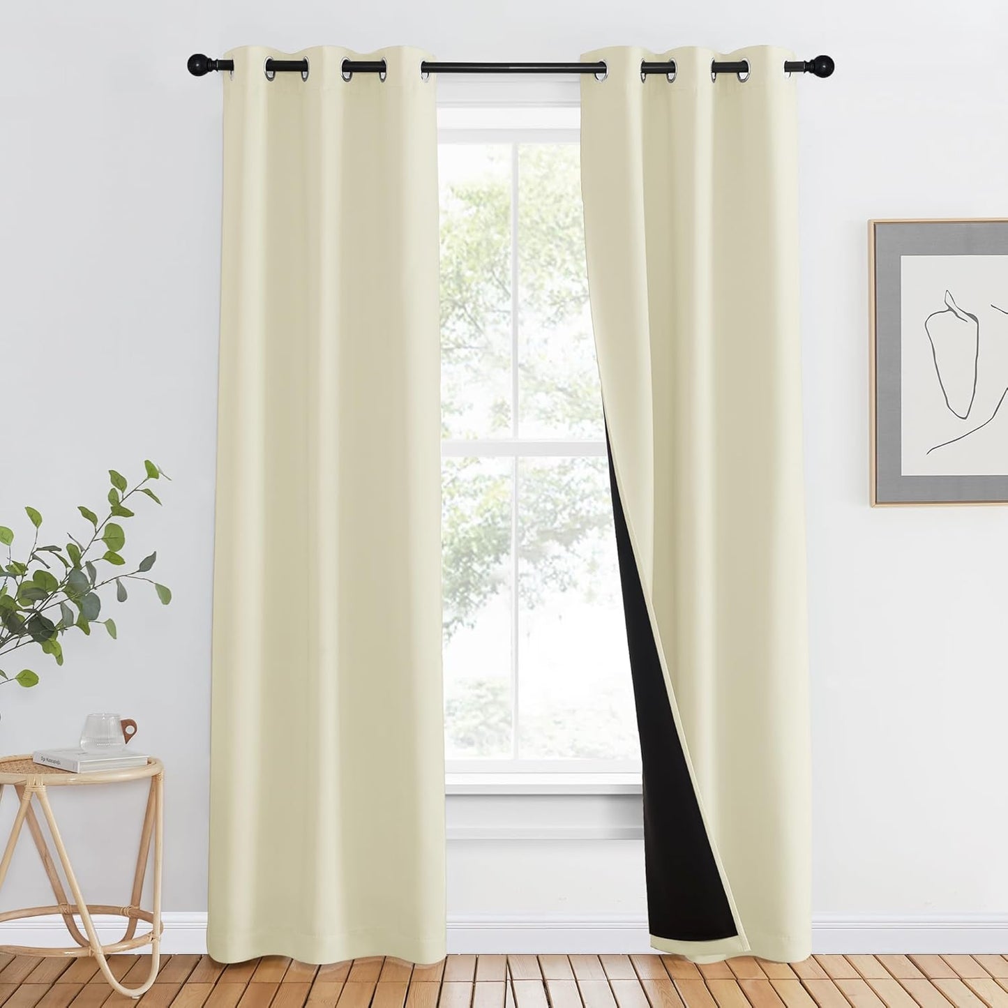 NICETOWN Living Room Completely Shaded Draperies, Privacy Protection & Noise Reducing Ring Top Drapes, Black Lined Insulated Window Treatment Curtain Panels (Beige, 2 Pieces, W37 x L80)