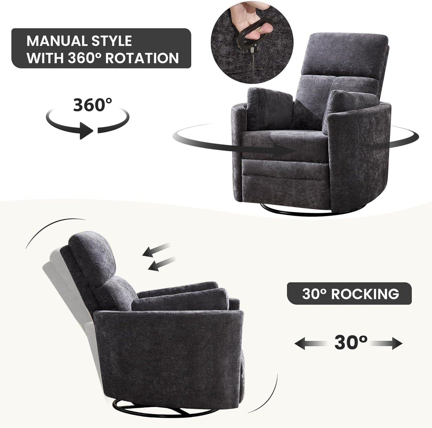 Recliner 360°Swivel Glider Rocking Chair,Upholstered Nursery Multifunction Rocking Chair with High Back, Adult Recliner Chair with 2 Pillows for Living Room Bedroom(DRAKGREY, Manual Operation)
