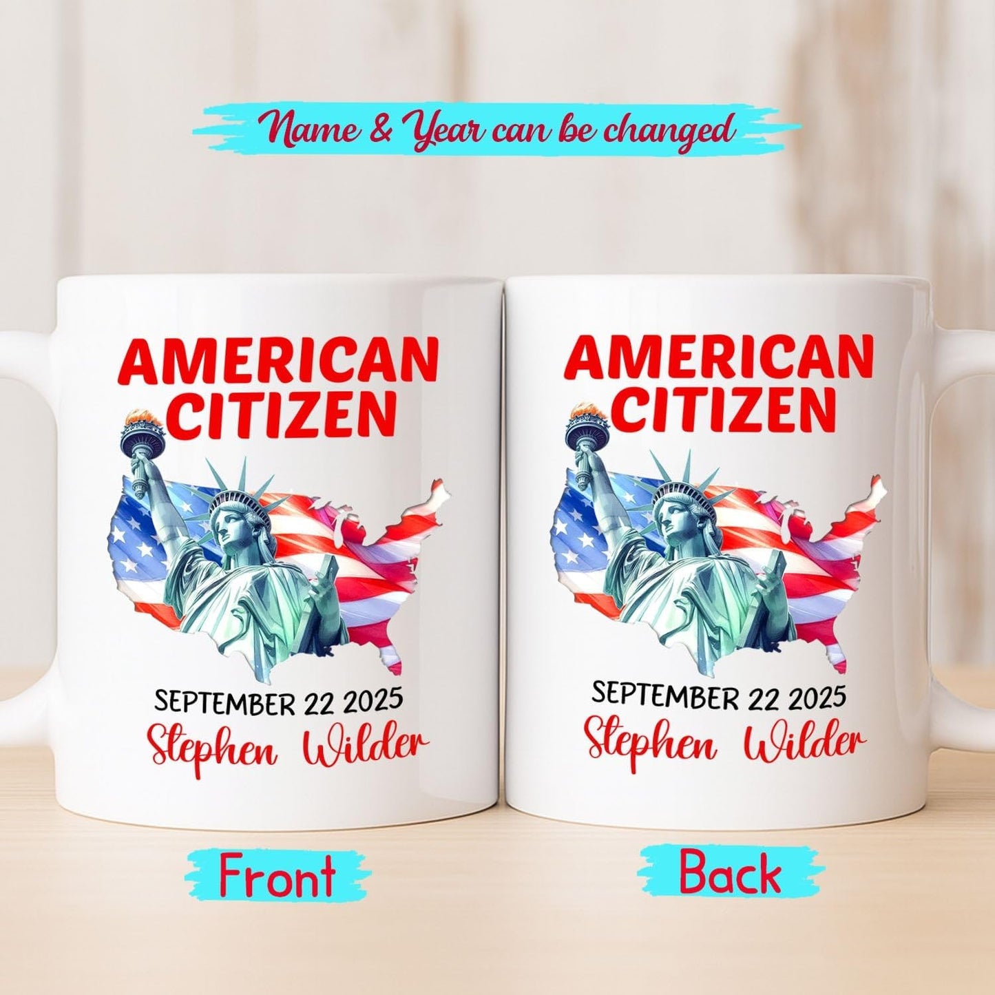 Statue of Liberty Coffee Cup 11Oz 15Oz, Customized American Citizen White Coffee Mug With Name & Year, New US Citizen Ceramic Mug Gift For Women Men Birthday Anniversary, Personalized Citizenship Cup