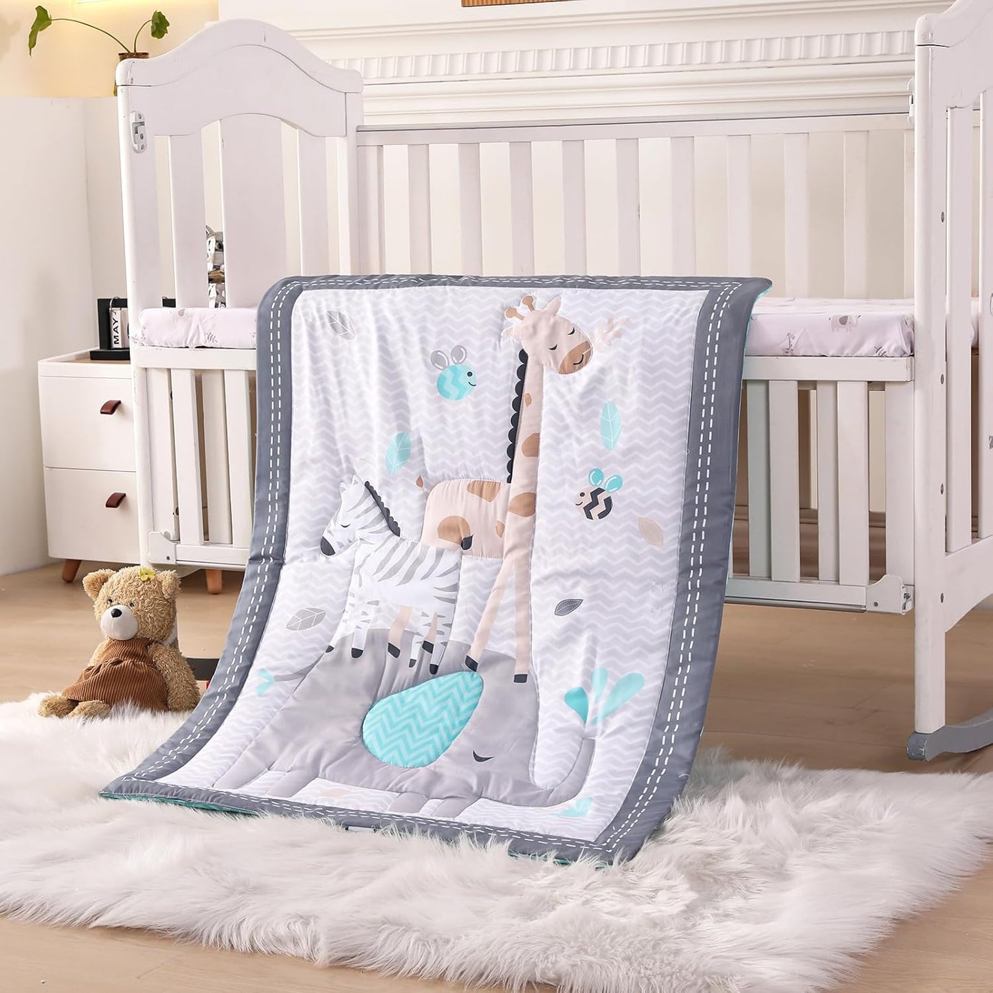 Wowelife Mini Crib Bedding Set Boy, 3 Piece Baby Bedding Set Nursery Bedding Set Elephant, Giraffe, Zebra Breathable Soft for Baby Boy with Comforter, Crib Fitted Sheet and Crib Skirt, Gray