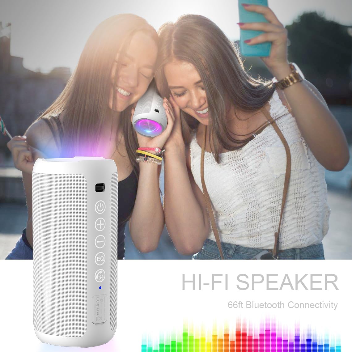 Ortizan Portable Bluetooth Speaker: IPX7 Waterproof, 24W Loud Sound, Deep Bass, Bluetooth 5.3, LED Lights, Wireless Stereo Pairing, 30H Playtime, for Home/Outdoor/Party/Beach, Birthday Gift (White)
