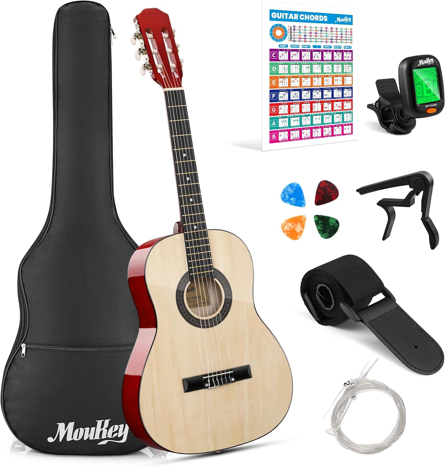 Moukey 36 Inch Acoustic Guitar for Beginners Kids Youth 3/4 Size Dreadnought Travel Guitarra Acustica Kit with Chord Poster, Gig Bag, Tuner, Picks, Nylon Strings, Capo, Strap - Natural