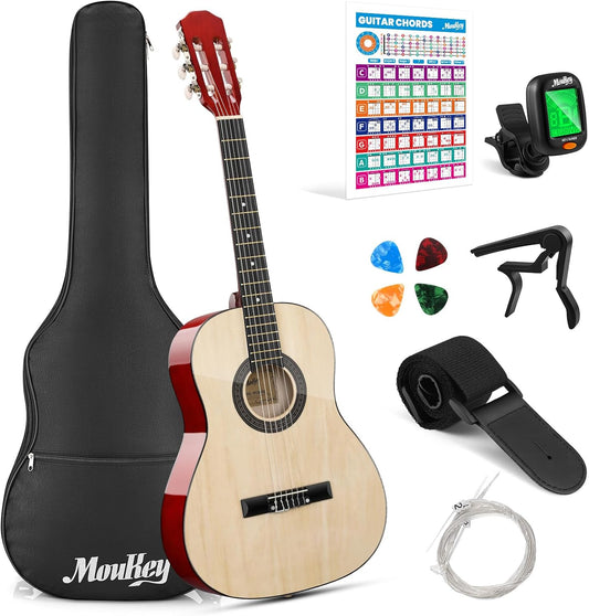 Moukey 36 Inch Acoustic Guitar for Beginners Kids Youth 3/4 Size Dreadnought Travel Guitarra Acustica Kit with Chord Poster, Gig Bag, Tuner, Picks, Nylon Strings, Capo, Strap - Natural