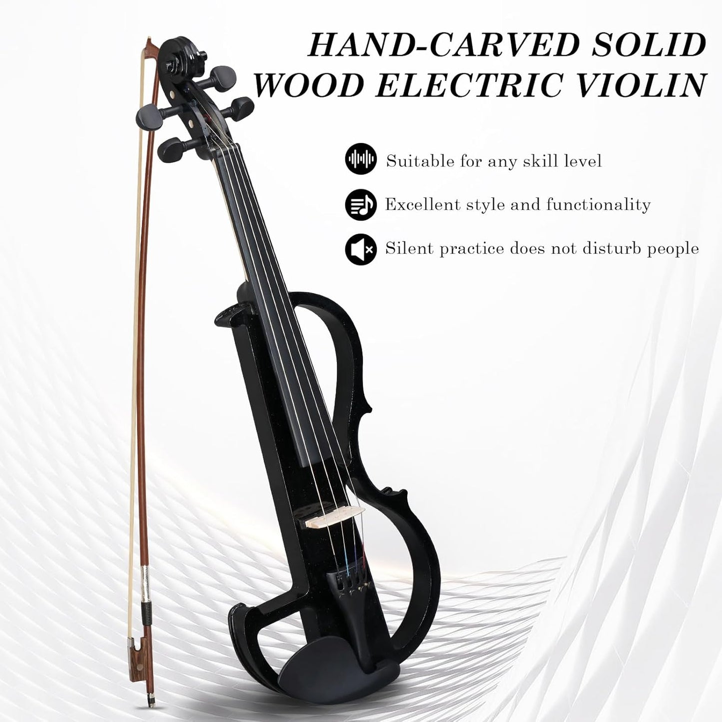 Ktaxon Full Size Electric Violin, 4/4 Acoustic Silent Electric Violin for Beginner Adults Teens with Ebony Fittings, Case, Bow, Headphone, Rosin and Extra String (Black)