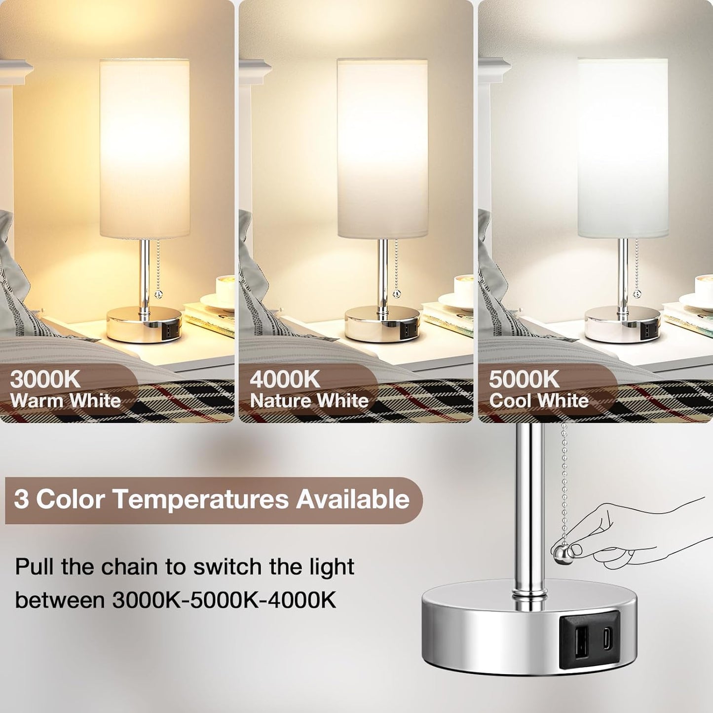 White Bedside Lamps for Bedroom Set of 2 - Nightstand Lamp with USB Charging Port, 3 Color Temperatures, Silver Base Night Stand Light, Side Table Desk Reading Lamp Dorm Room