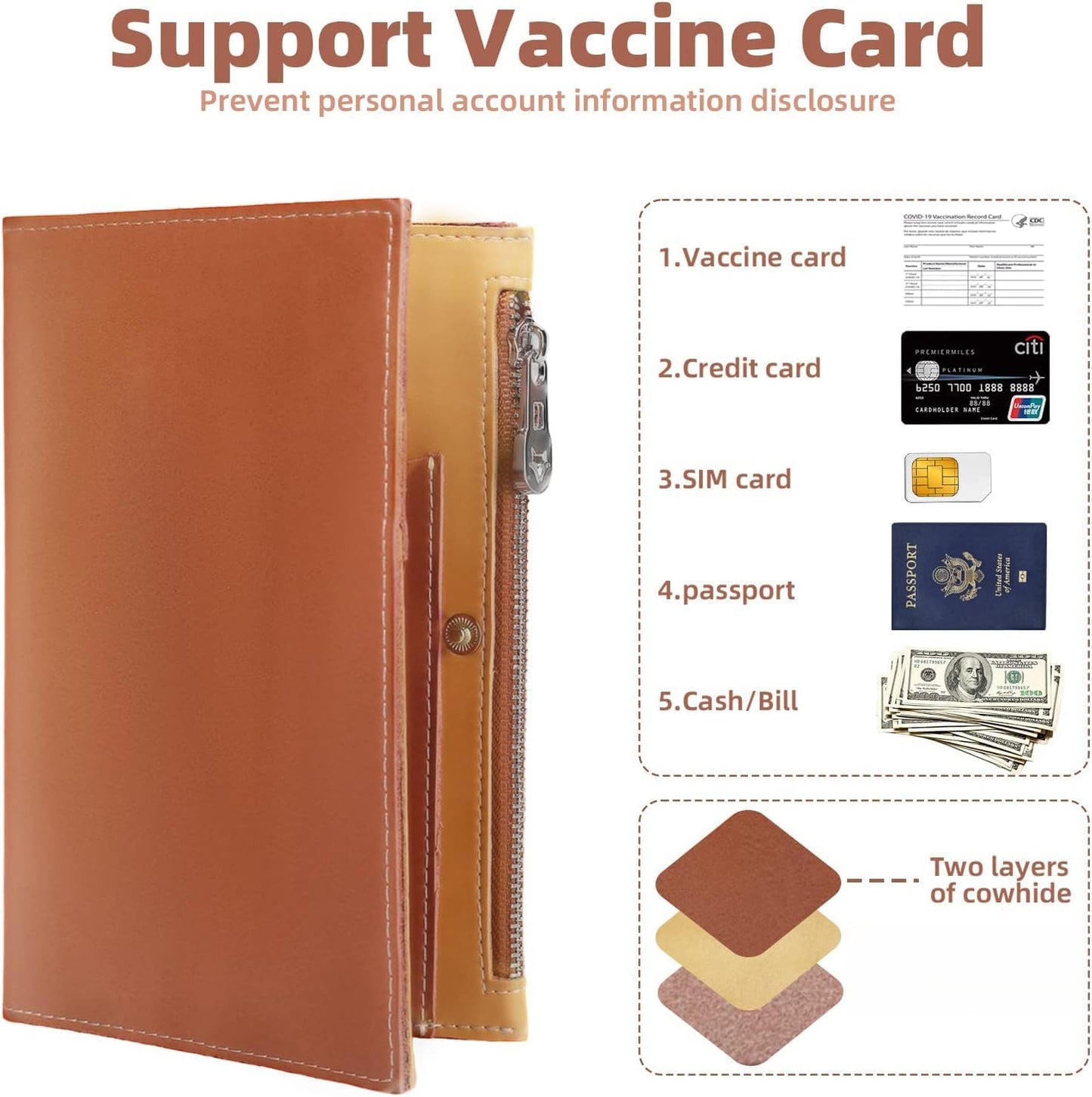 Genuine Leather Travel Passport Wallet, Slim RFID Blocking Holder for Secure Travel and Document Organization (Brown)