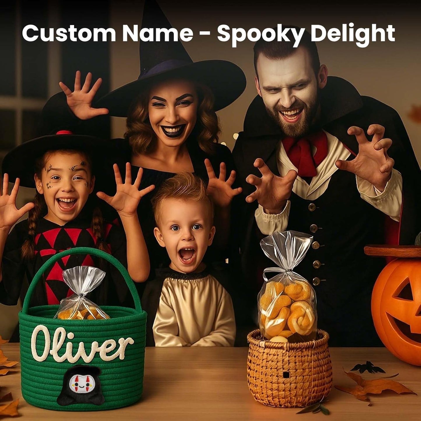 Personalized Halloween Trick or Treat Basket with Name – Custom Woven Candy Bag, Pumpkin or Ghost Bucket for Kids, Boys & Girls