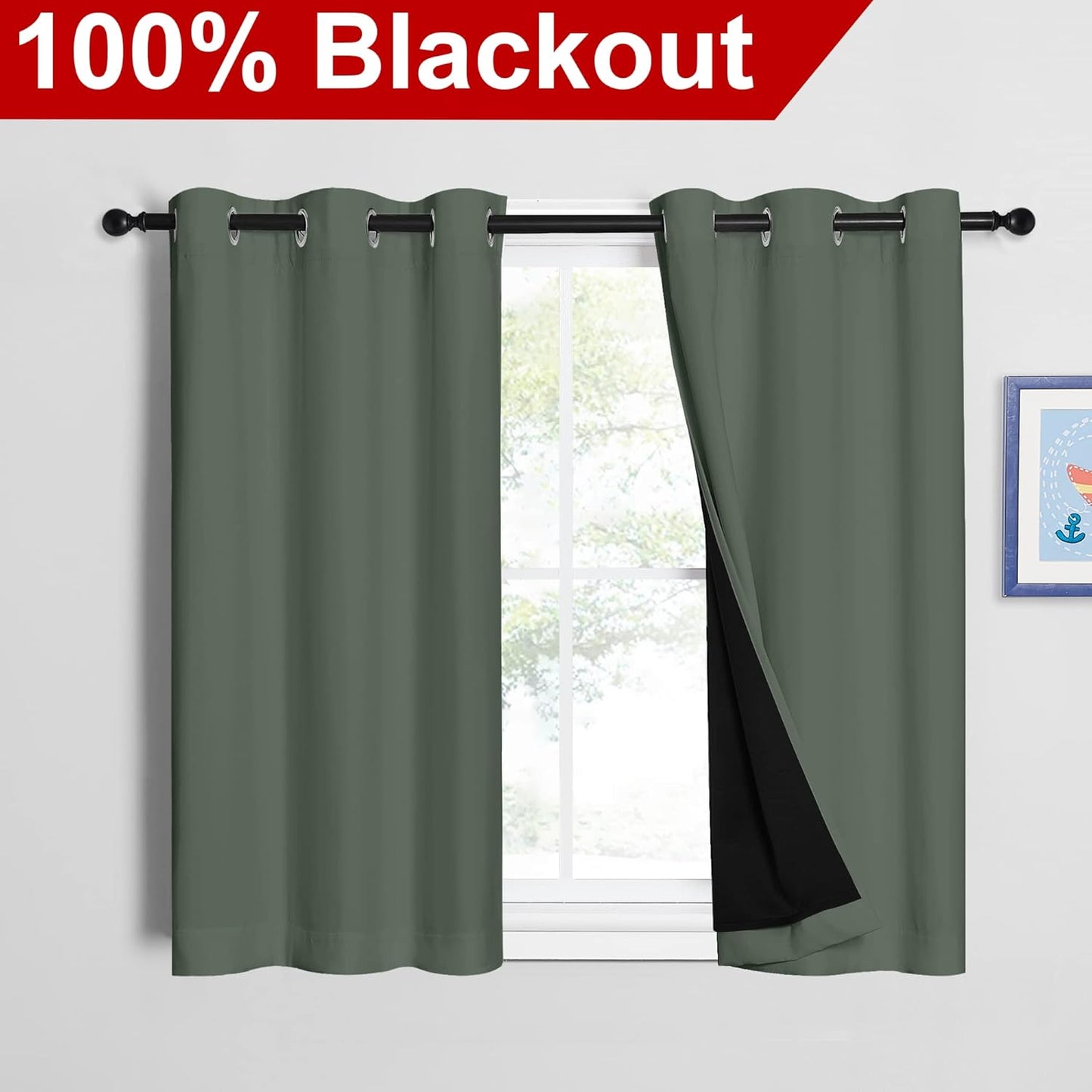 NICETOWN Dark Mallard 100% Blackout Curtains 45 inches Long, 2 Thick Layers Completely Blackout Window Treatment Thermal Insulated Lined Drapes for Small Window (1 Pair, 42 inches Width Each Panel)