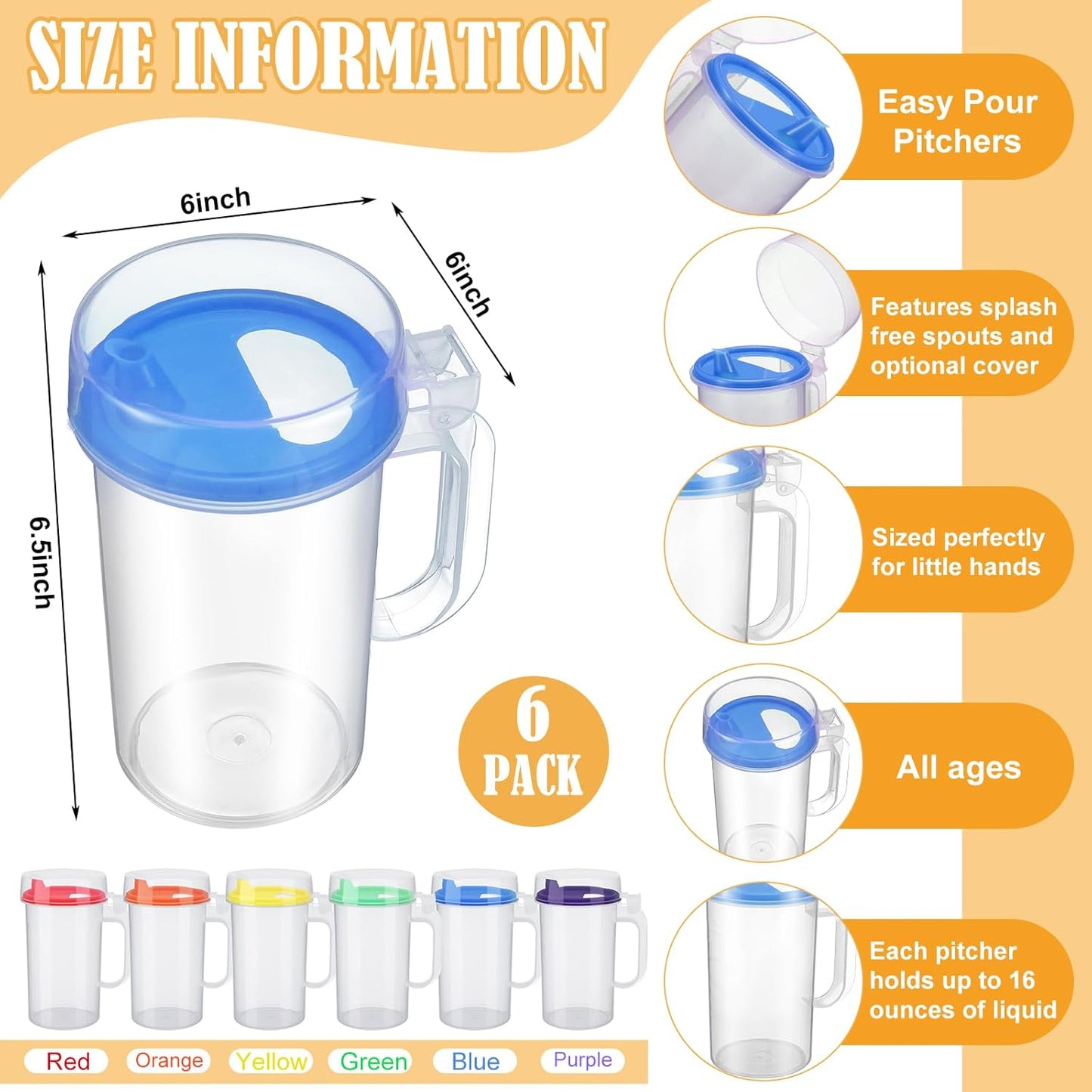 Newtay 6 Pack Early Learning Kids Easy Pouring Mini Pitchers Clear Plastic Pitcher with Lid and Handle Easy Pour Bottles 16 Oz. Jugs with Lids for Classroom Nursery Home (Colorful)