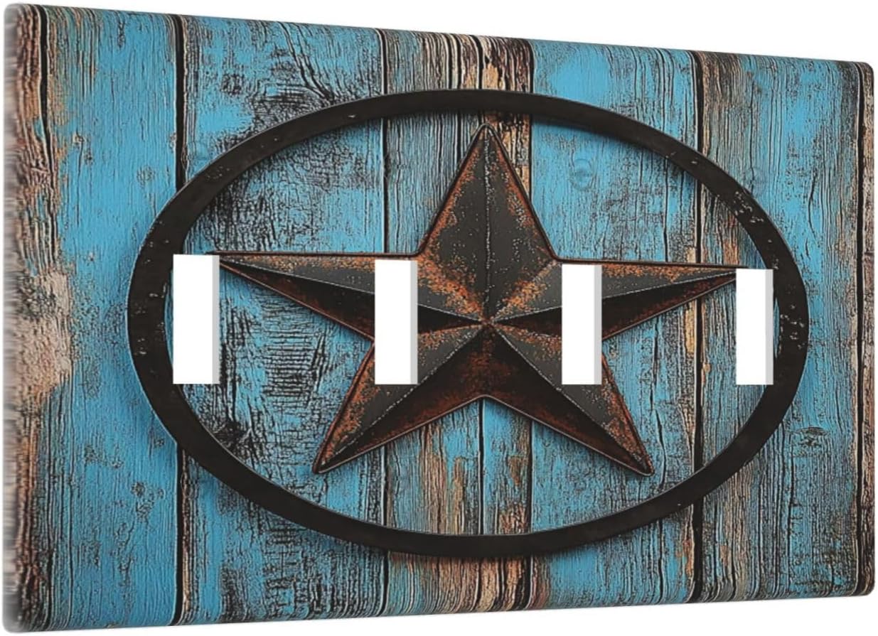 Light Switch Covers Rustic Wood Country Barn Texas Star On Teal Quad Toggle Electrical Faceplate 4 Gang Wall Plate Decorative Switch Plates For Farmhouse Cabin Decor