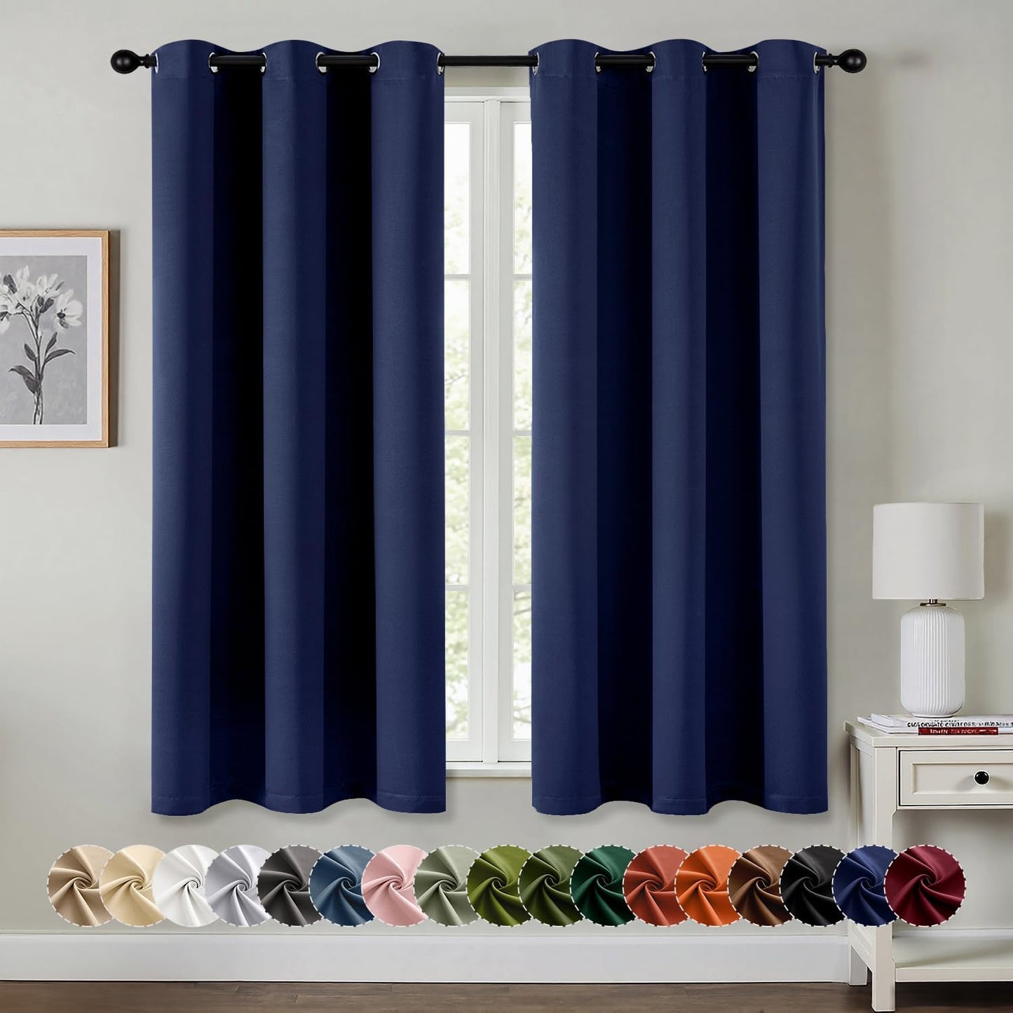 MIULEE Navy Blue Blackout Curtains for Bedroom Living Room 64 Inches Long 2 Panels, Thermal Insulated Room Darkening Drapes Solid Grommet Noise Reducing Light Blocking Window Treatments 40x64 Inch