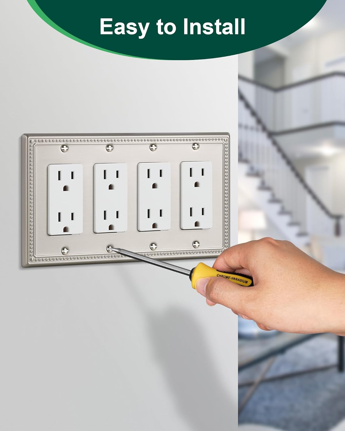 2-Pack Quad Decorator Outlet Cover Plate, Pearls Decorative Switch Plates and Outlet Covers, 4 Gang Brushed Nickel Metal Wall Plates, Corrosion Resistant