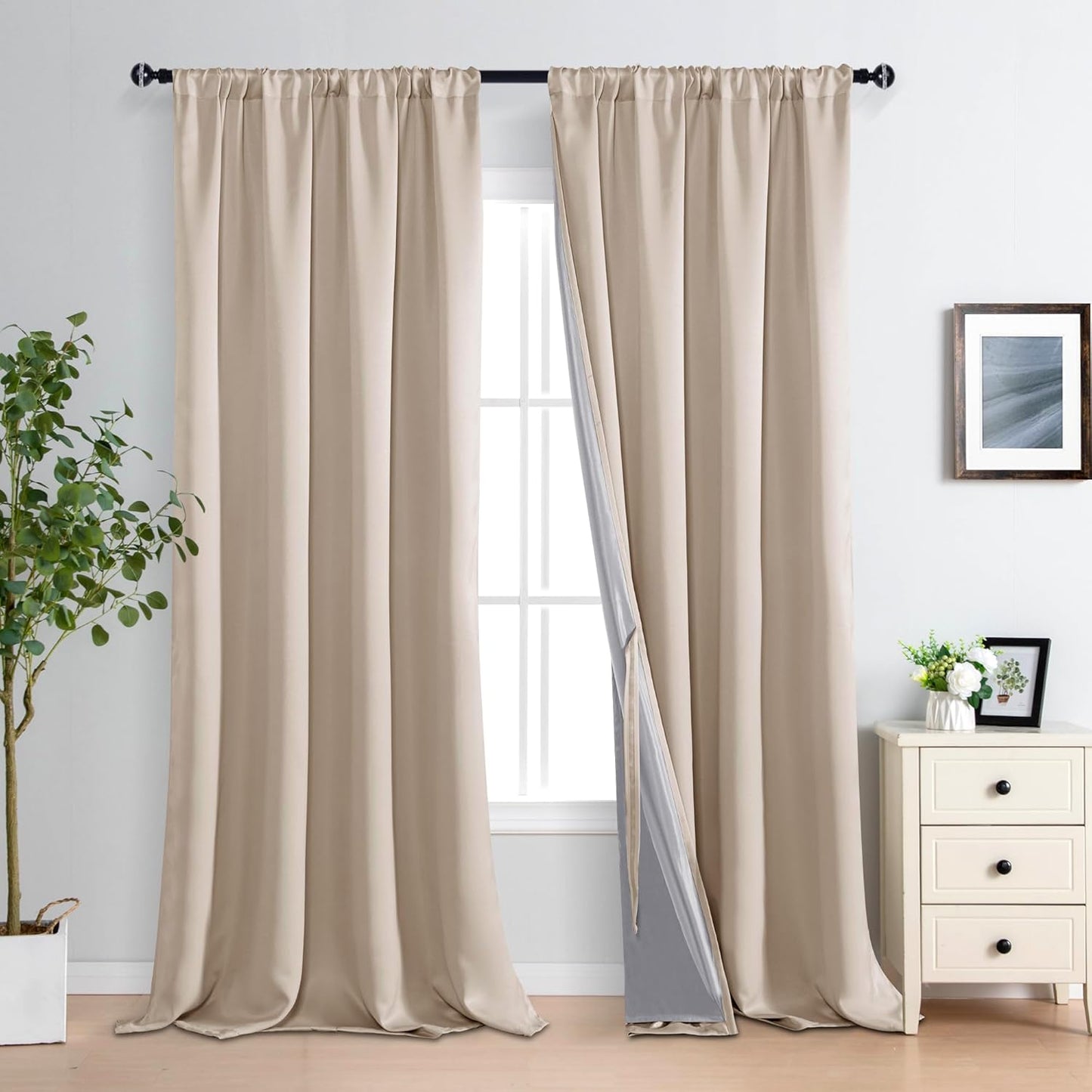 XWZO 100% Blackout Curtains, Double Layer Full Room Darkening and Energy Efficiency Rod Pocket Window Panels with Tiebacks for Living Room, Biscotti Beige, W52 x L108, Set of 2 Drape Panels