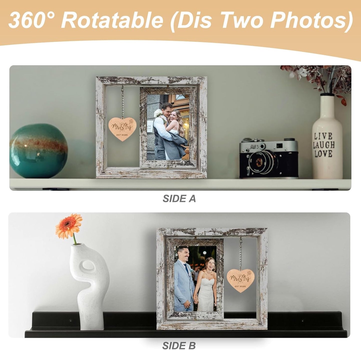 Mr & Mrs EST 2025 Picture Frame – 360° Rotating Double Photo Frame Vintage Wedding Gifts for Newlyweds - Bridal Shower Gifts for Bride(Dis Two 6x4)