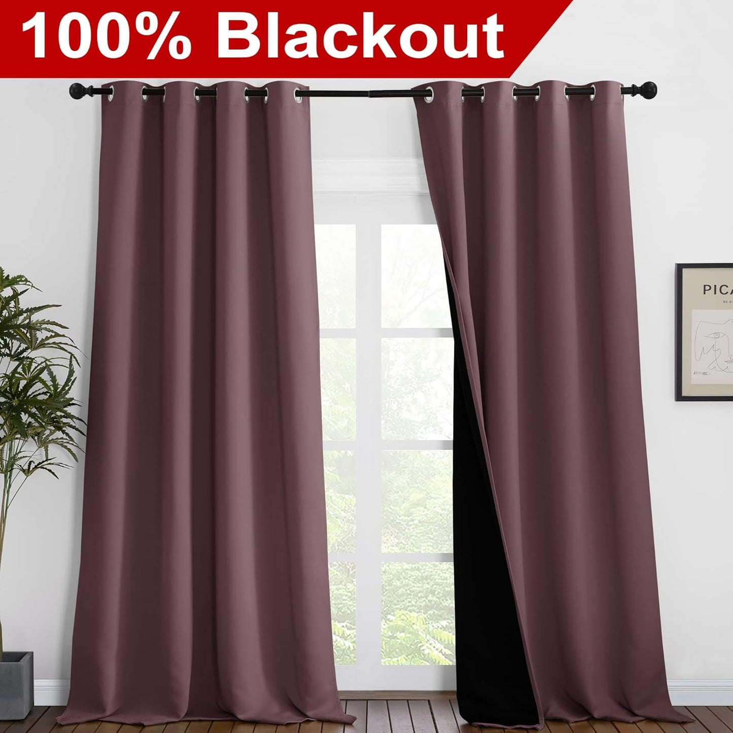 NICETOWN Room Warming Thermal Insulated 100% Blackout Curtains, Sound Proof Drapes with Black Backing, Full Light Blocking Panels for Patio Sliding Door (Dry Rose, 1 Pair, 55 inches x 102 inches)