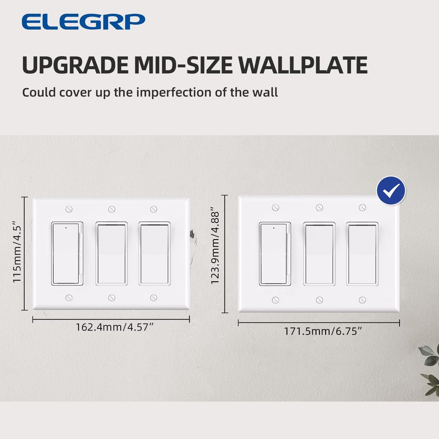 ELEGRP 3-Gang Decorative Wall Plates, Mid-Size 4.88" H x 6.75" L Unbreakable Thermoplastic Faceplate Cover for Decorator Receptacle Outlet Switch, UL Listed (2 Pack, Glossy White)