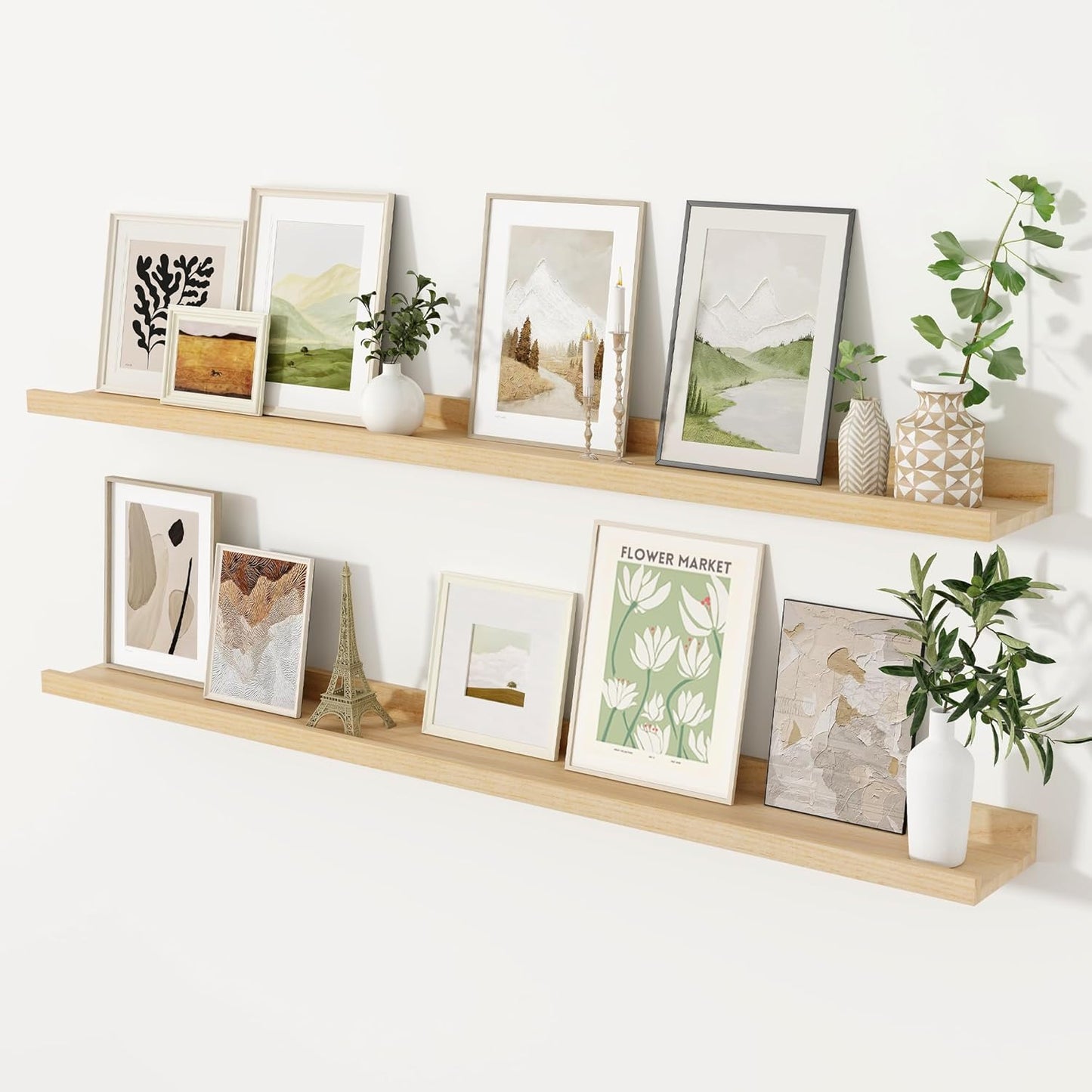 Picture Ledge Shelf, Floating Shelves Set of 2, 55 Inches Long Large Nursery Book Shelves for Toys Storage, Kids Bookshelf Wall Mounted for Living Room Bedroom Decor Books Photo Frames, Natural