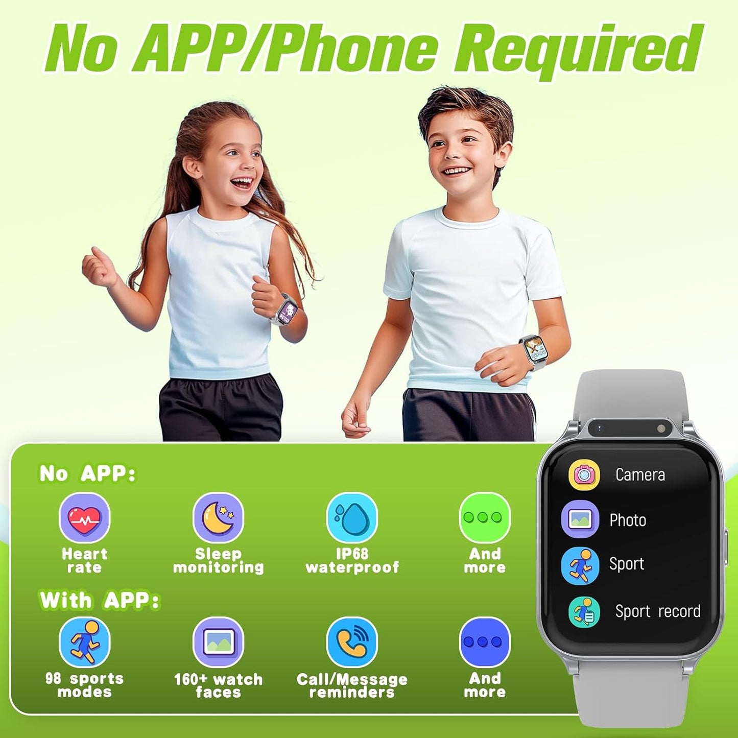 Smart Watch for Kids 1.85" with Fitness Tracker, Sleep Monitor, 22/100+ Sport Modes, DIY Dial, IP68 Waterproof, Step Counter, Heart Rate, Camera, with/Without APP, Gift for 3-12 Years Old Boys Girls