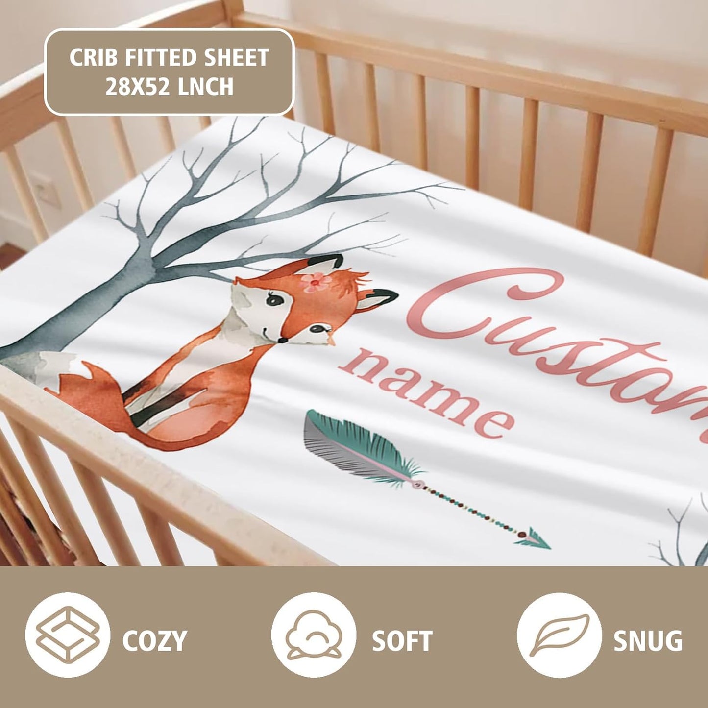 Custom Name Crib Bedding Set - Fox Theme, Personalized Nursery Bedding 3-Piece Set– Soft Blanket, Fitted Sheet, Changing Pad Cover – for Newborns Girls Nursery Gifts