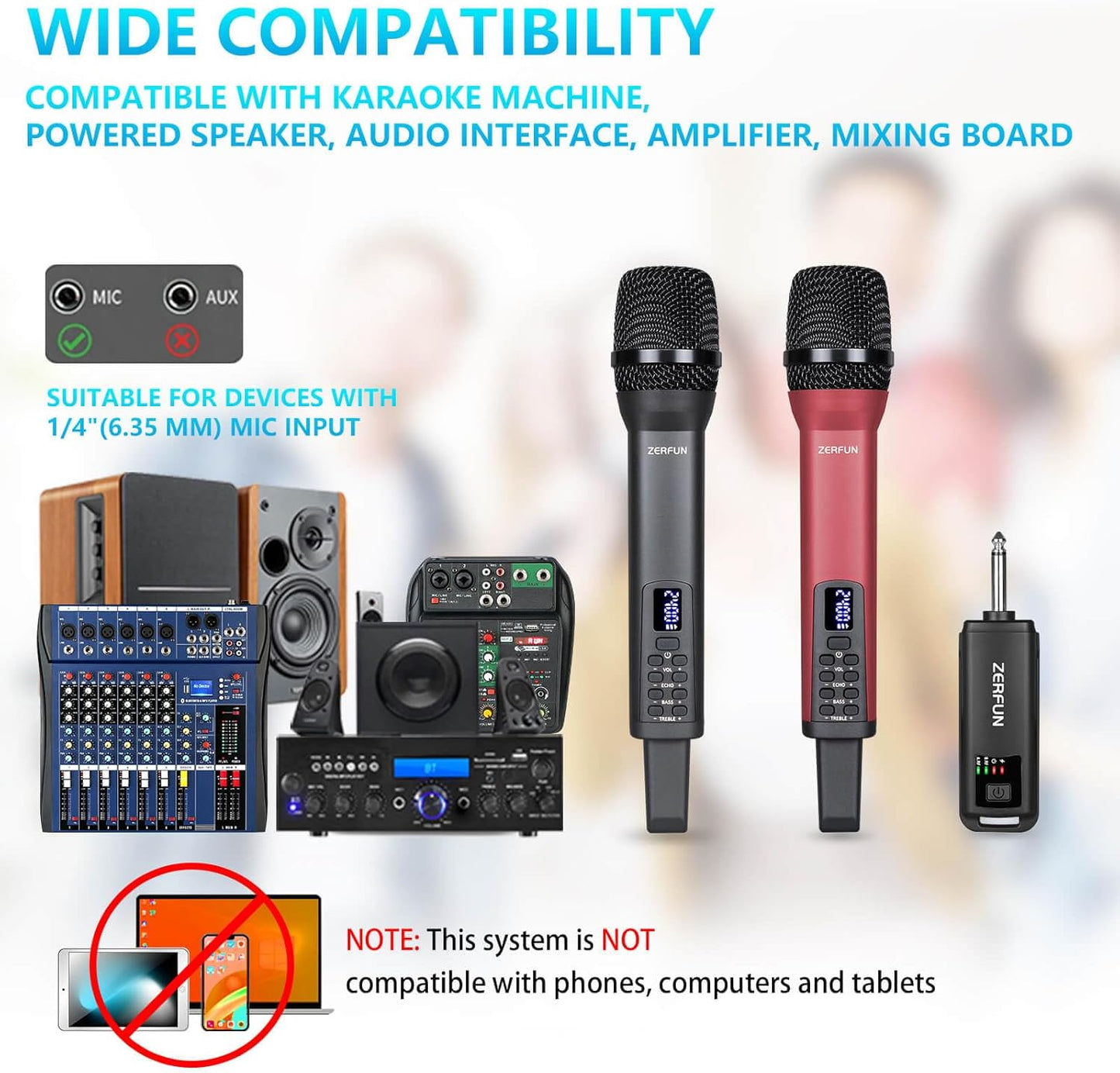 Rechargeable Wireless Microphones Dual, Pro Handheld Cordless Mics System Dynamic with Echo Treble BASS VOL Control for Karaoke Singing Church Party, 1/4'' Output, D240, Grey&Red