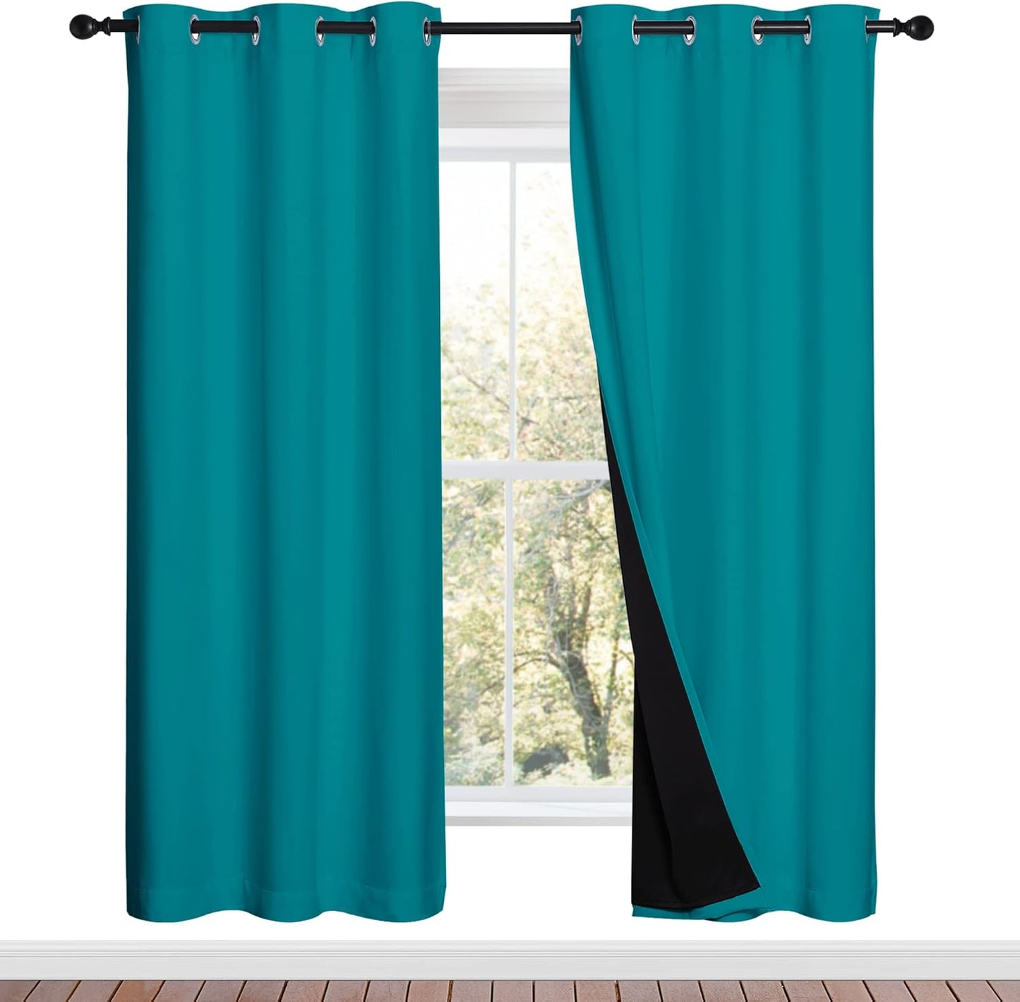 NICETOWN Full Shade Curtain Panels, 37" Wide x 70" Long, Peacock Teal, Pair of Thermal Insulated & Energy Efficiency Blackout Drapes for Living Room, Lined Silky Performance Window Dressing