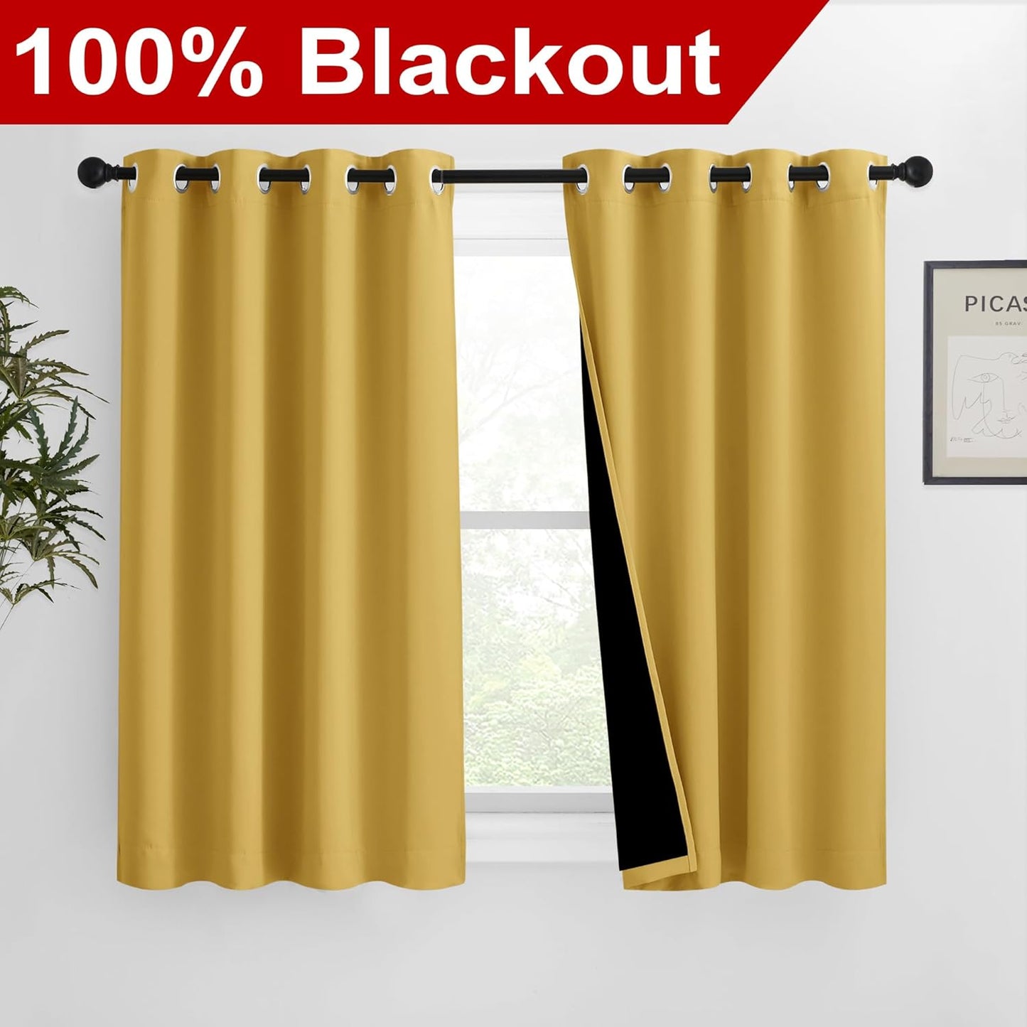 NICETOWN 100% Blackout Blinds, Set of 2, 46 inches x 45 inches, Laundry Room Decor Window Treatment Curtains for Large Patio Sliding Door, Thermal Insulated Bright Yellow Curtains for Bedroom