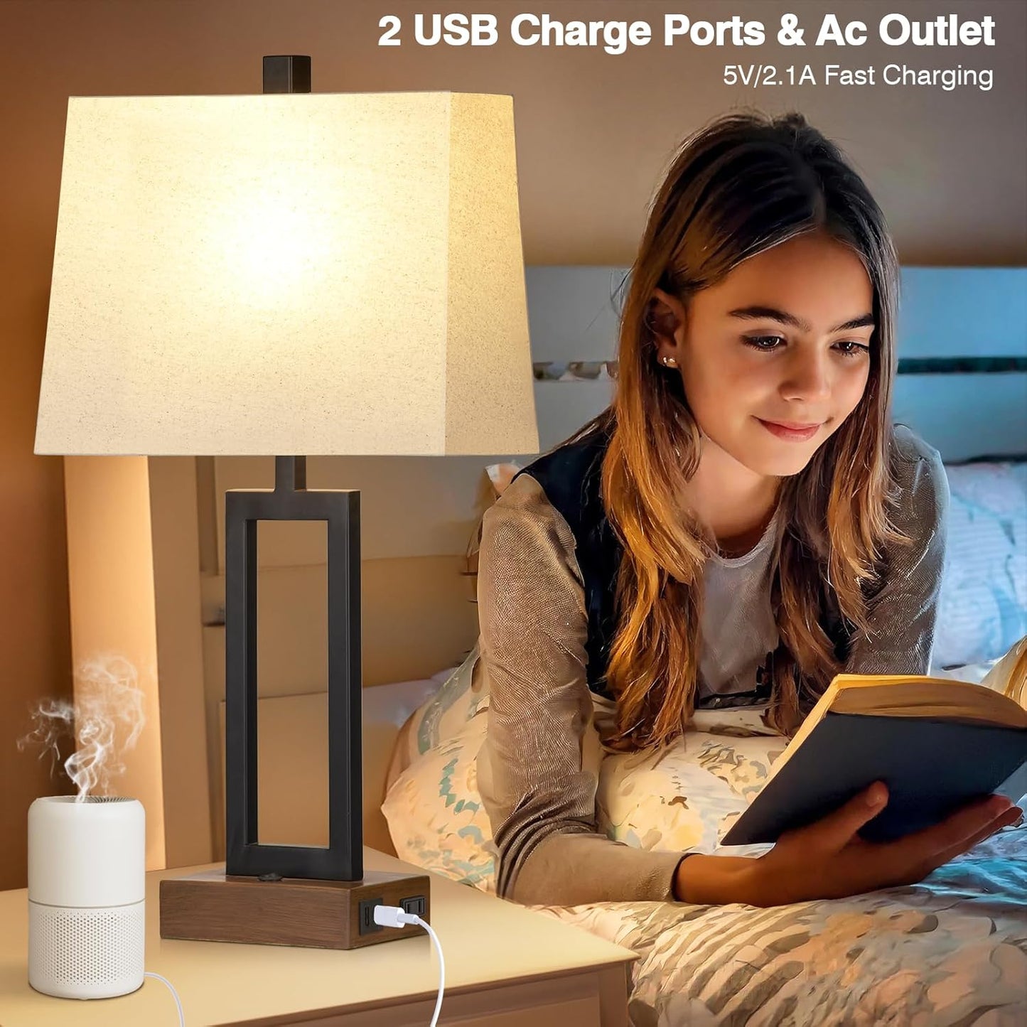 Table Lamps Set of 2 with 2 USB Ports and AC Power Outlet, Modern Bedside Lamp, Wood Nightstand Lamp with Linen Shade for Living Room Bedroom End Table Hotel Desk(LED Bulb Included)