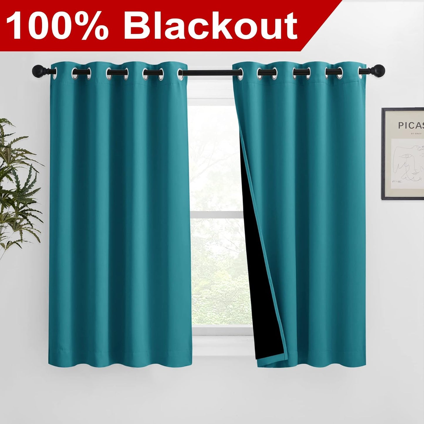 NICETOWN 100% Blackout Curtains 54 inches Long, Double-Deck Completely Blackout Window Treatment Thermal Insulated Lined Drapes for Small Window (Peacock Teal, 1 Pair, 46 inches Width Each Panel)