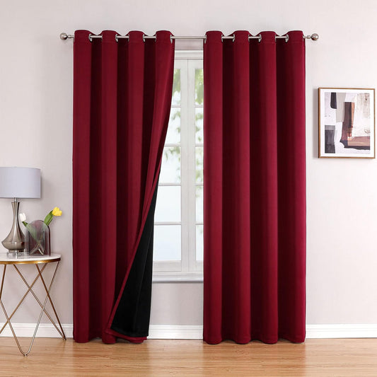 ChrisDowa 100% Blackout Curtains 90 inch Long for Bedroom with Black Liner, 2 Thick Layers Total Blackout Thermal Insulated Grommet Long Window Curtains 2 Panels Set (Burgundy, 52 x 90 Inch)