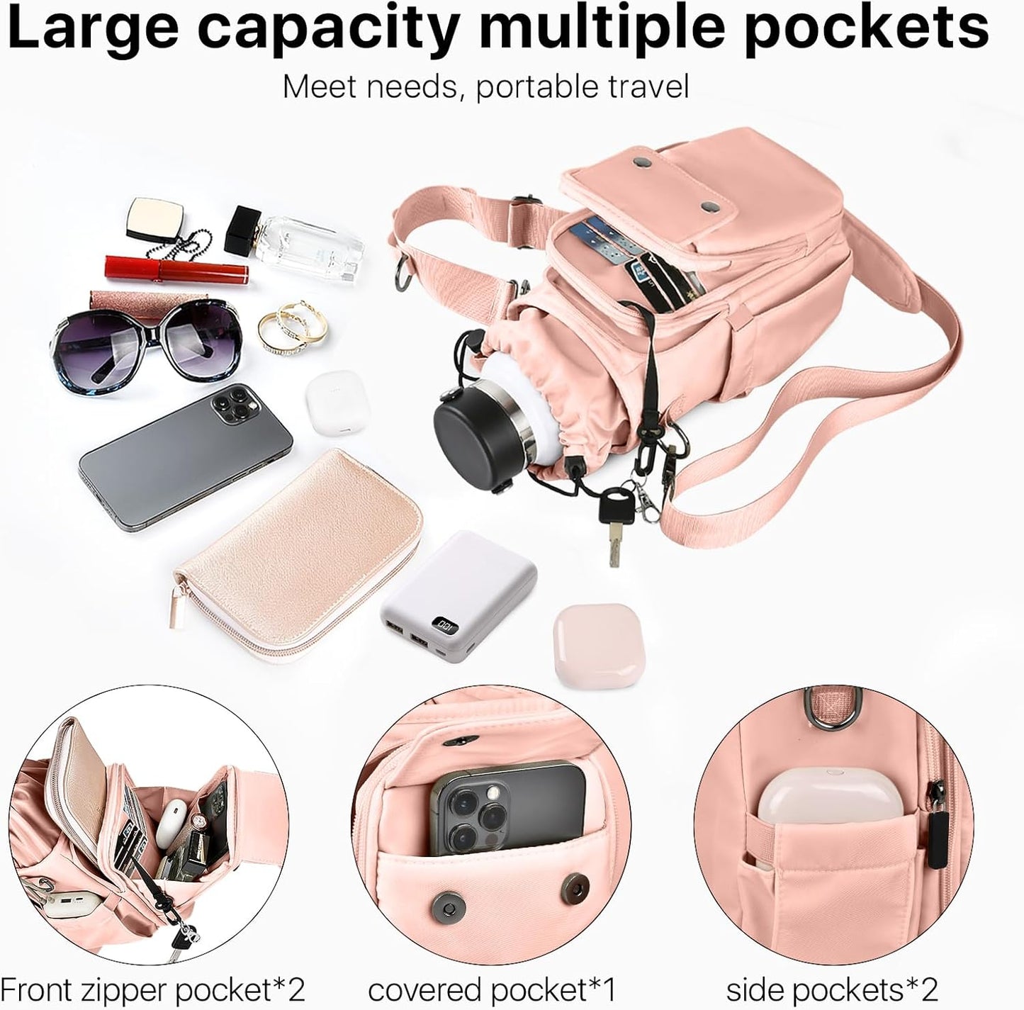 Water Bottle Holder with Strap 32 40oz Crossbody Insulated Water Bottle Carrier Sling Bag with Adjustable Wide Strap and Phone Purse 5 Pockets for Walking Hiking Gym Travel