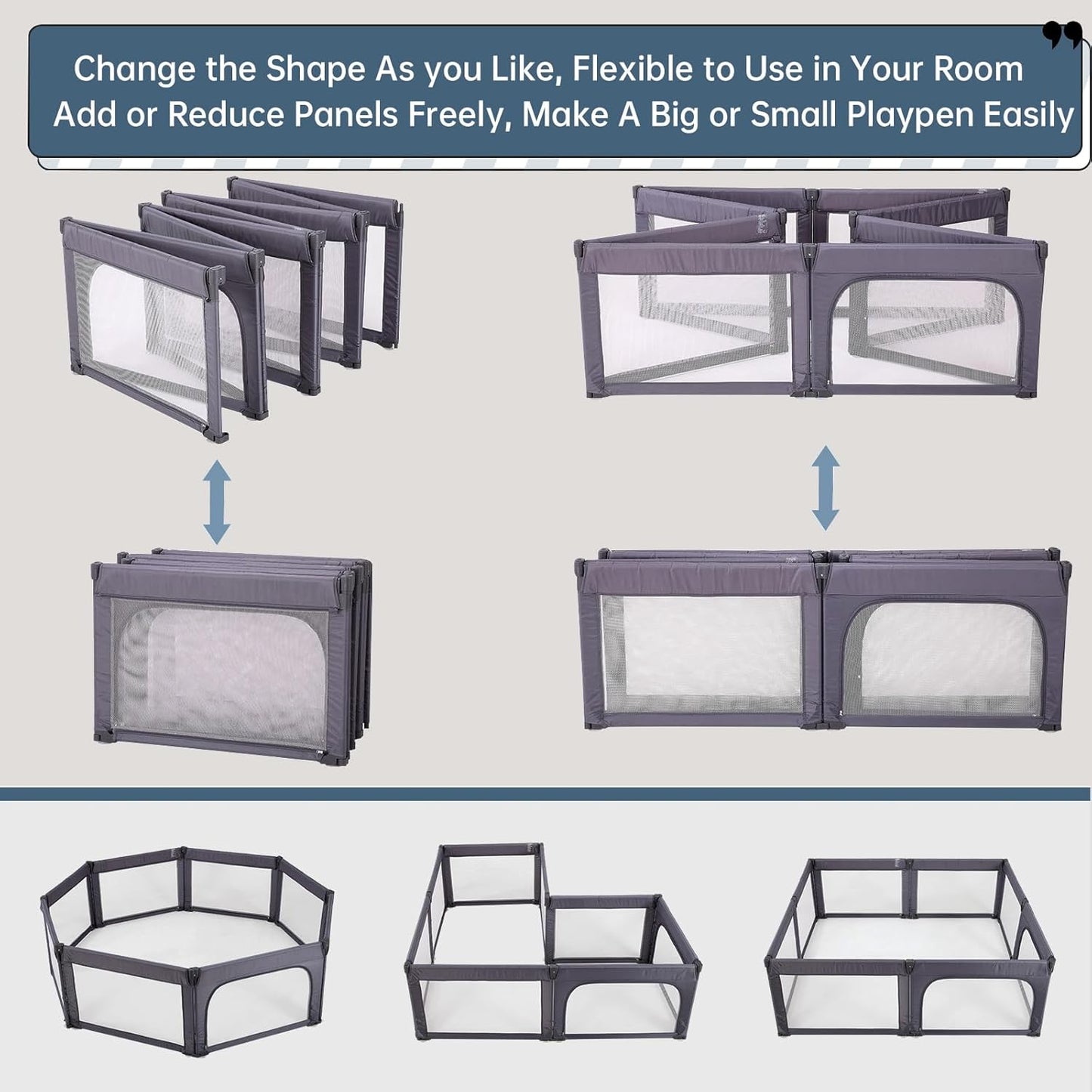 Foldable Baby Playpen, Shape & Size Adjustable Playpen for Toddler, 79x71 Large Play Pens Safety Mesh Foldable Playard for Babies, Portable Baby Fence Play Area Kids Play Pen, Dark Grey