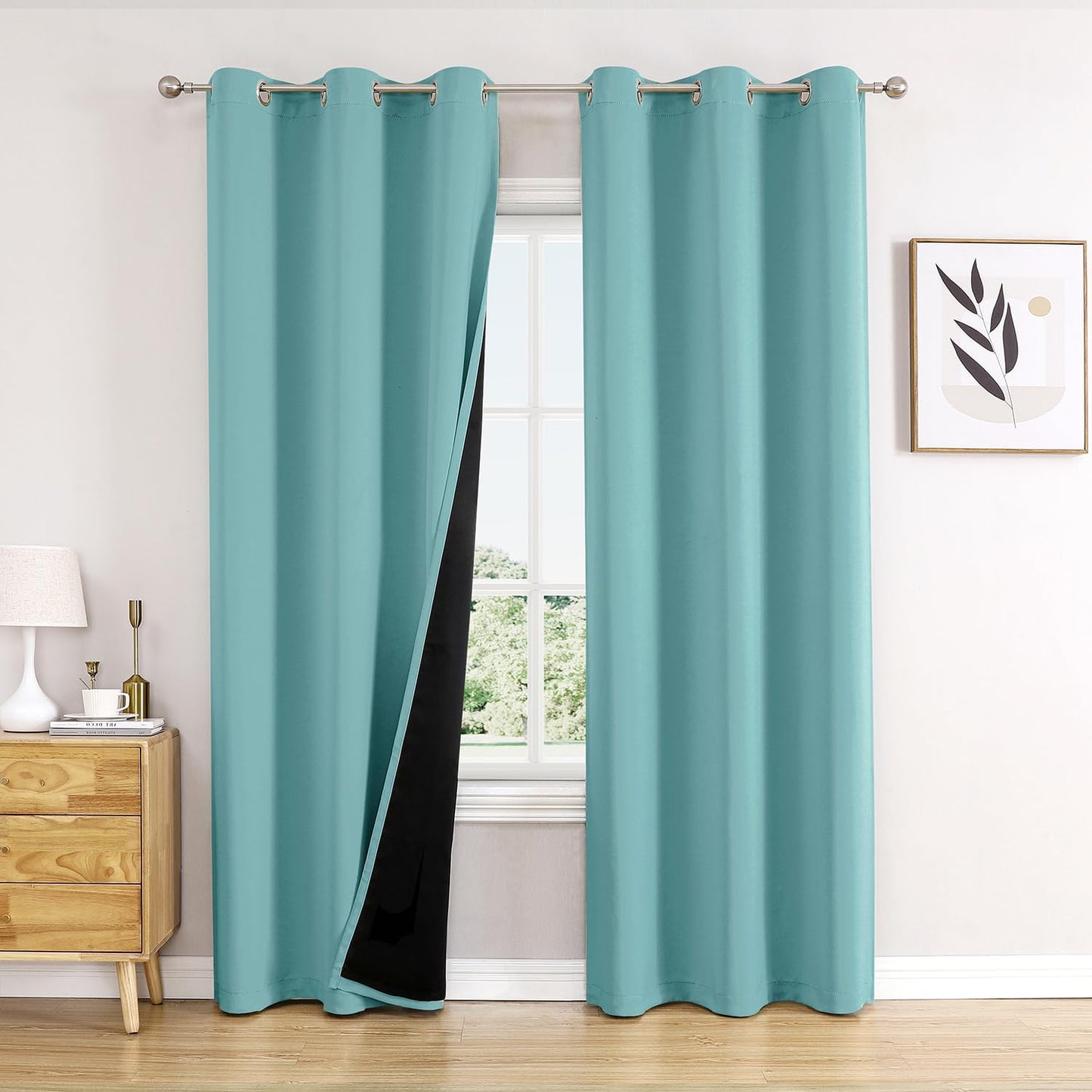 ChrisDowa 100% Blackout Curtains 72 inch Long for Bedroom with Black Liner, 2 Thick Layers Total Blackout Thermal Insulated Grommet Window Curtains 2 Panels Set (Aqua, 42 x 72 Inch)