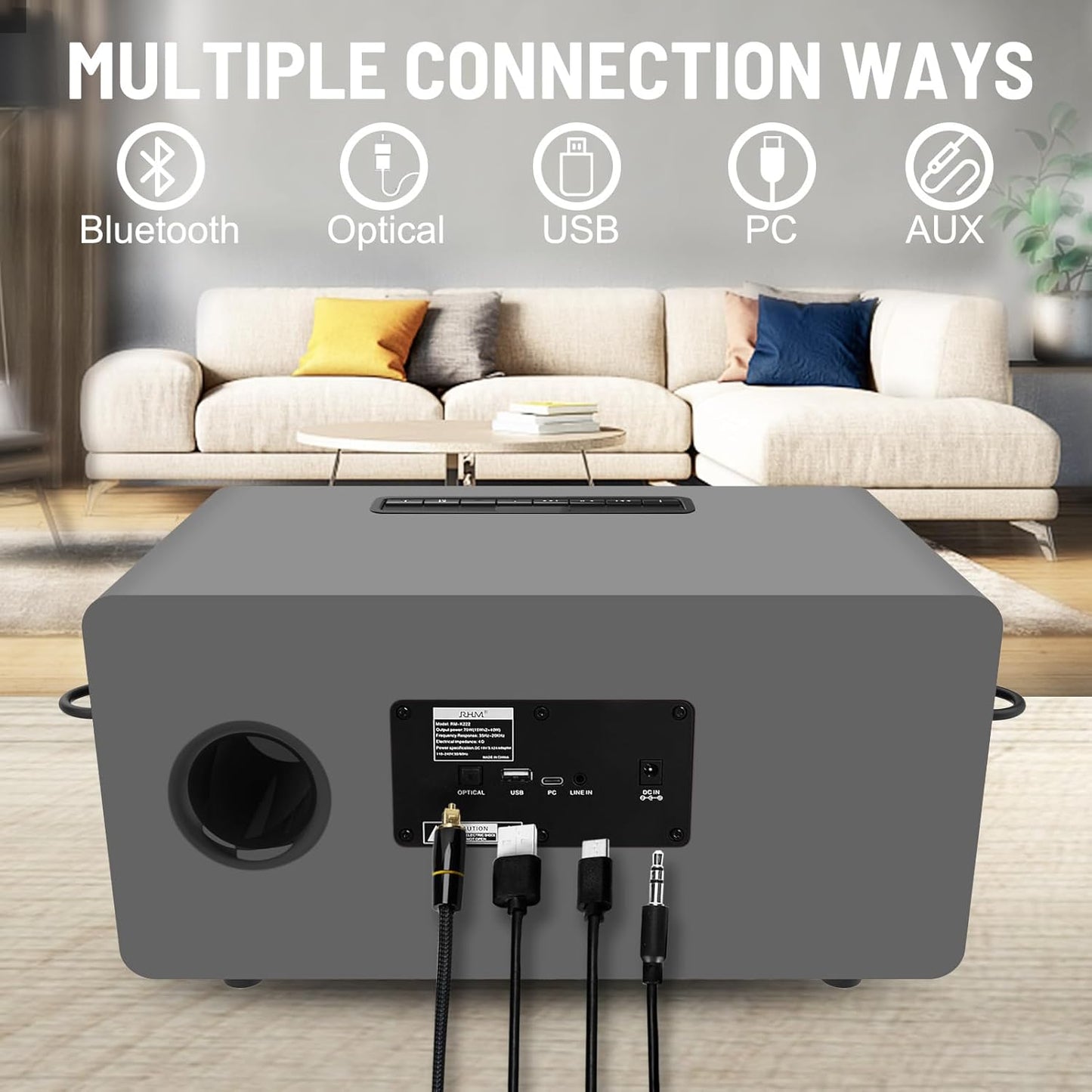 RHM K222 Karaoke Machine, with 2 Wireless Microphones & 5 Music Modes, Support Optical/Bluetooth/AUX/USB/PC, Wooden Bluetooth Speaker for TV/Home/Meeting/Karaoke/Party, Great for Music Lovers