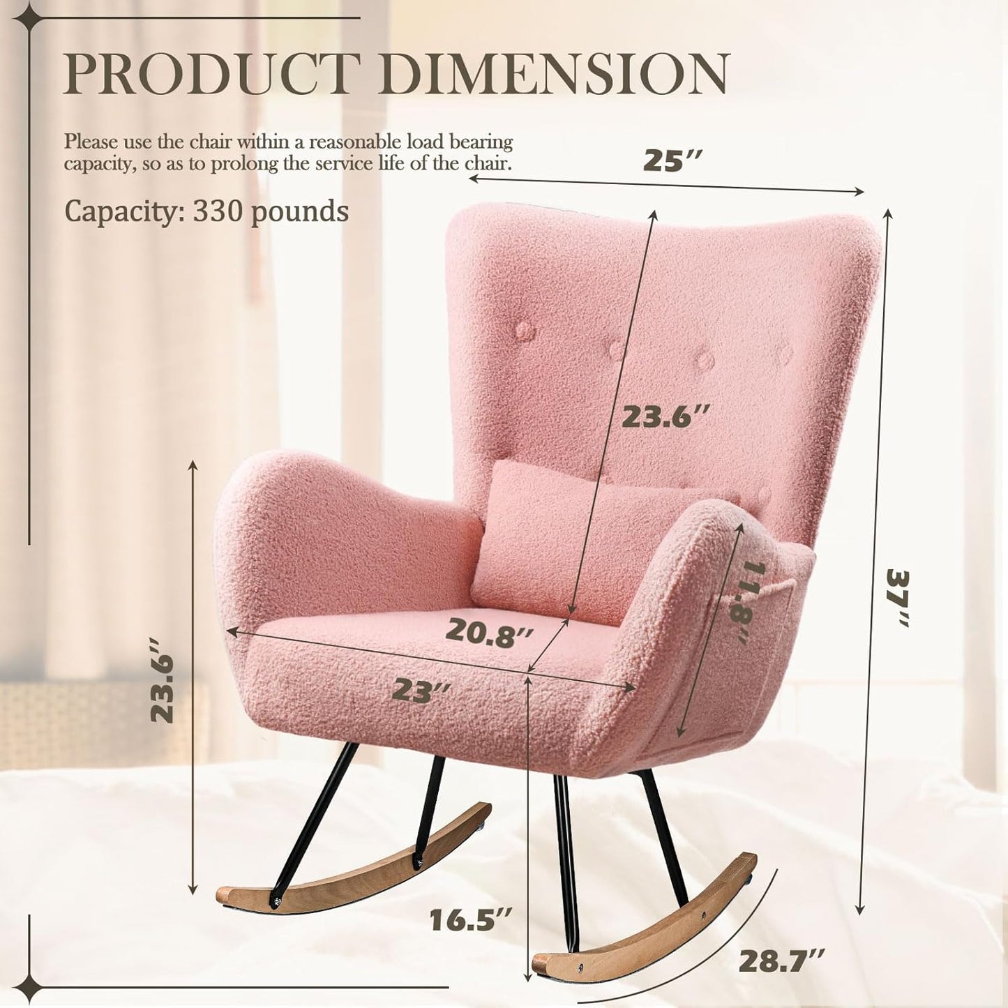 Waleaf Rocking Chair Nursery, Teddy Upholstered Rocking Chair Indoor with High Backrest Glider Accent Chair, Padded Seat Nursing Comfy Chairs for Bedroom (Pink)