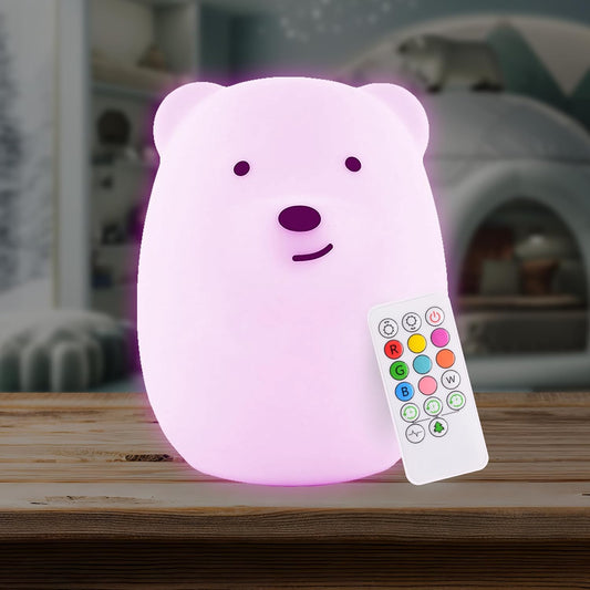 Lumipets Remote Control Silicone Night Light for Kids - Bear Design with 9 Soft Colors & Sleep Timer - Rechargeable, Battery-Operated Lamp for Bedroom | Baby Nursery, Toddler, Girls, Boys