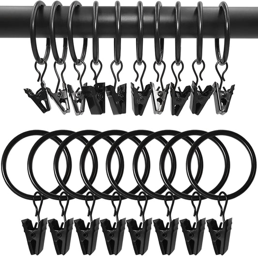 100 Pack Black Curtain Rings with Clips, Curtain Hooks Hangers Clip Rings for Hanging Drapes Bows Hat, Drapery Rings 1.26 in I D, Fits up to 1 in Diameter Curtain Rod.