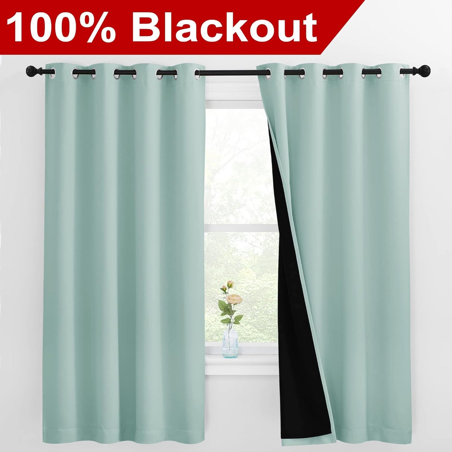 NICETOWN Aqua Blue 100% Blackout Lined Curtains, 2 Thick Layers Completely Blackout Window Treatment Thermal Insulated Drapes for Kitchen/Bedroom (1 Pair, 55-inch Width x 68-inch Length per Panel)