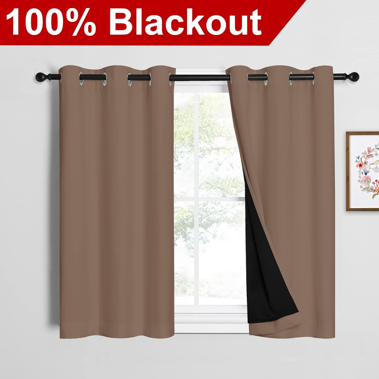 NICETOWN Cappuccino Bedroom Full Blackout Cold Blocking Short Curtain Panels, Super Thick Insulated Window Covers, 100% Blackout Blinds with Black Liner for Small Window(Set of 2, 42 by 45-inch)
